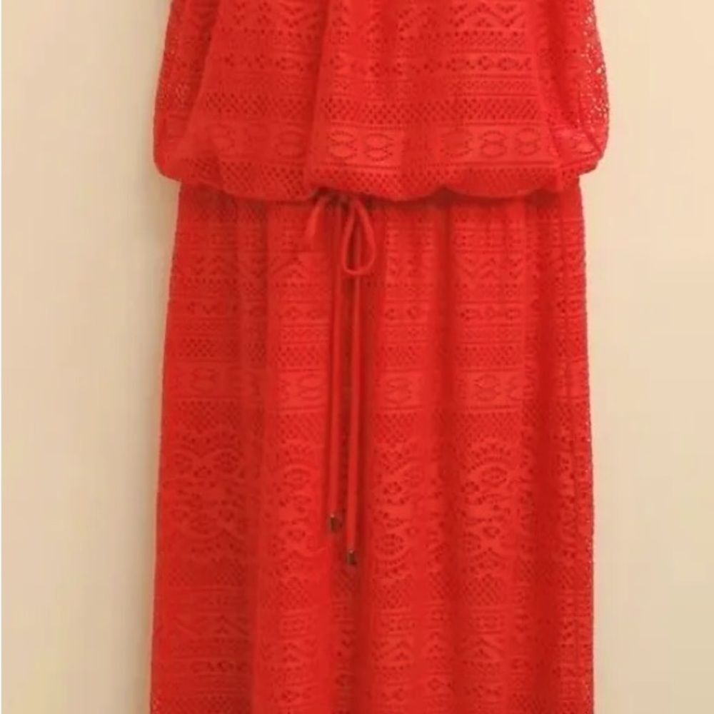 London Times Dress Women Size 12 Red Sleeveless Round Neck Midi Crochet Style - Picture 3 of 13